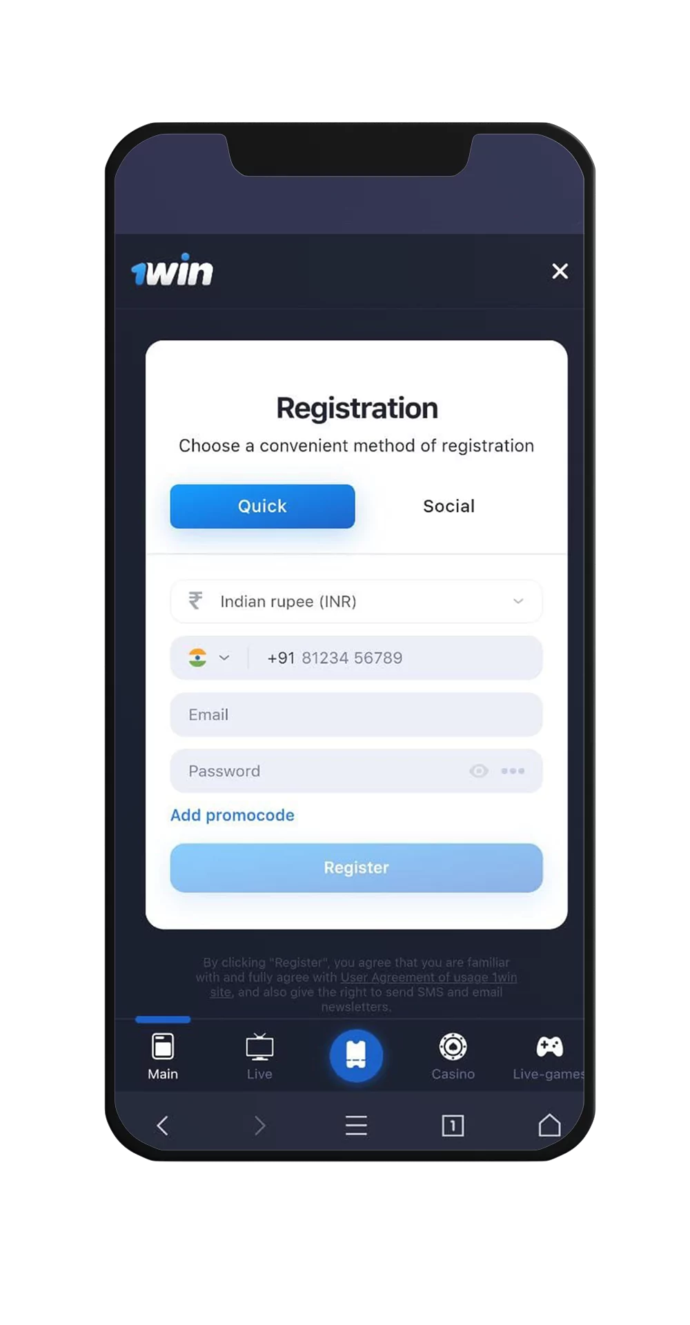 Threre are two methods for registration at 1win.