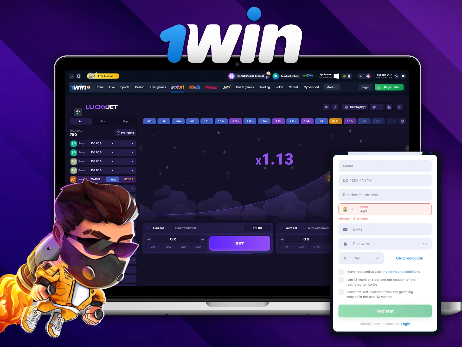 To start playing at 1Win Lucky Jet create an account and make your first deposit.